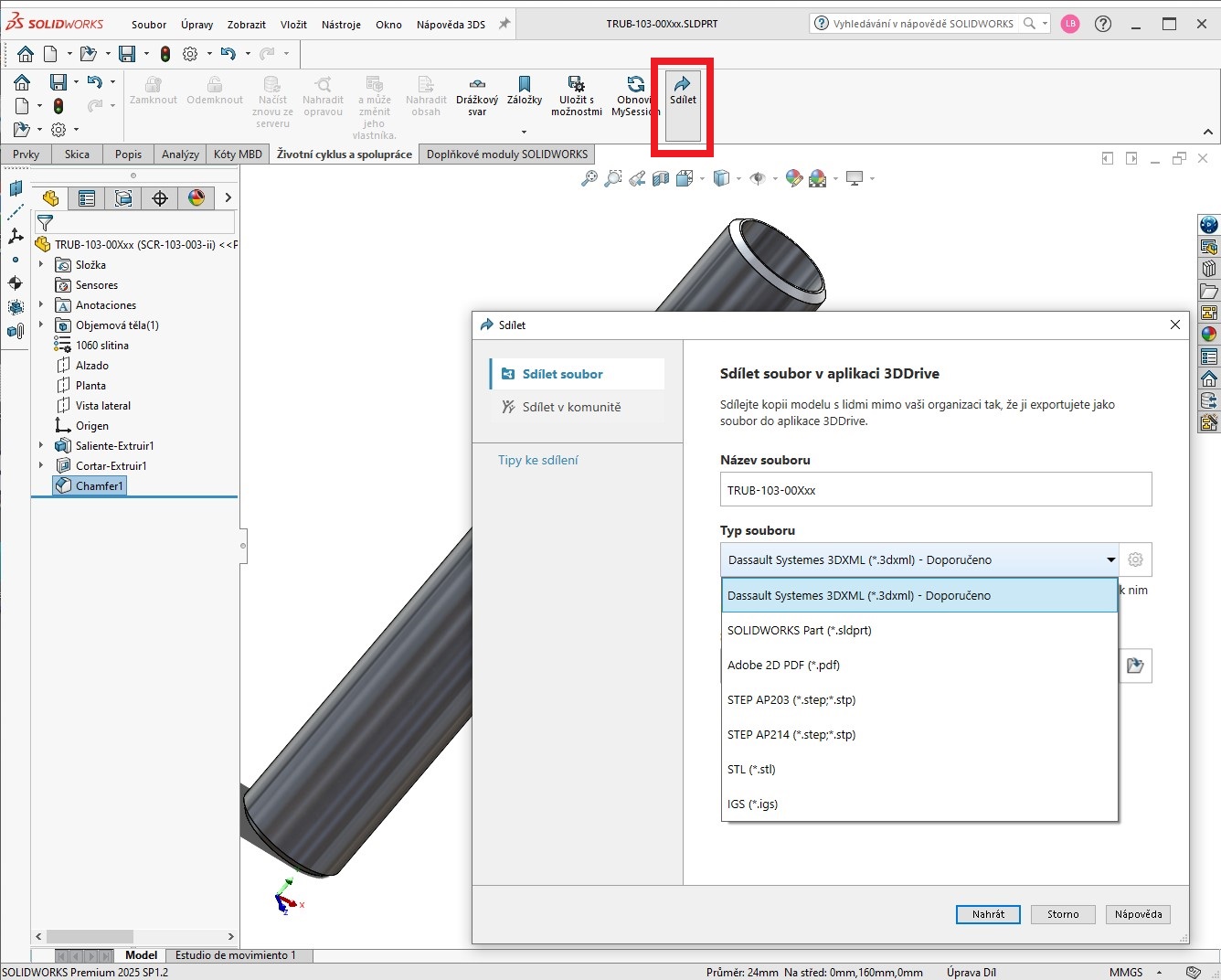 Sdílení vyvoláte přímo v SOLIDWORKS. A vyberete formát, který chcete zpřístupnit. Pro omezení na prohlížení doporučujeme 3Dxml. 