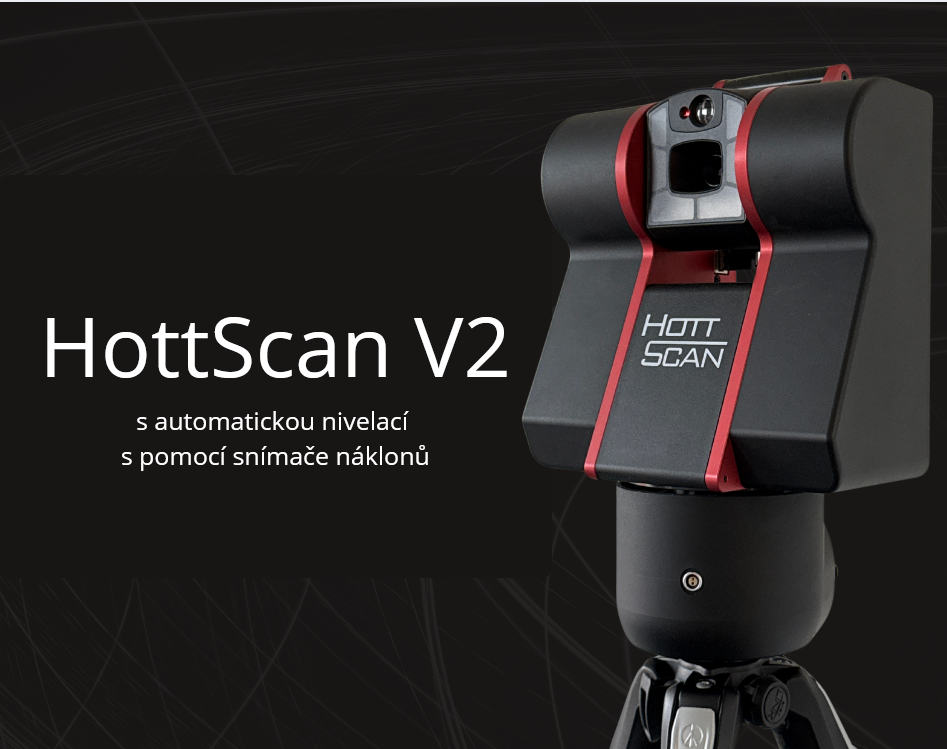 Laserový měřicí přístroj Hottscan V2 na stativu, s automatickou nivelací a snímačem náklonu, logo SolidVision na tmavém pozadí.